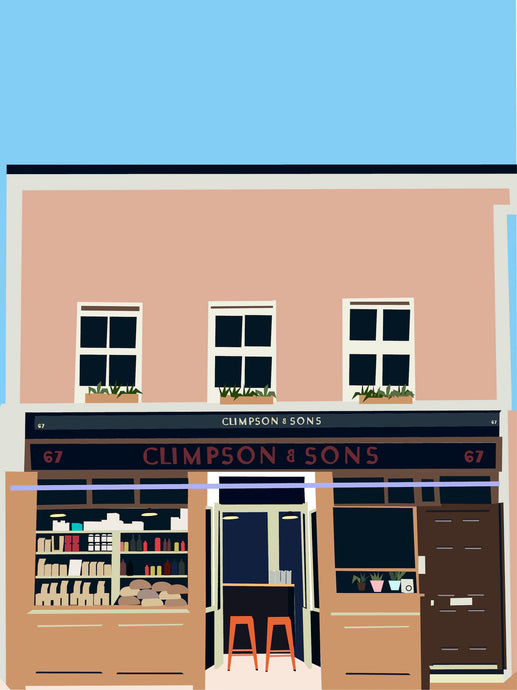 The best coffee in London, Climpsons and Sons coffee shop in East London. Printed in soft pastel colours.
