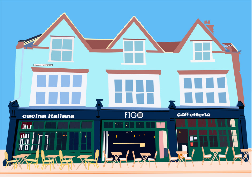 Figo, Italian Restaurant in Leyton, East London. Illustrated with different shades of blues and greens. 