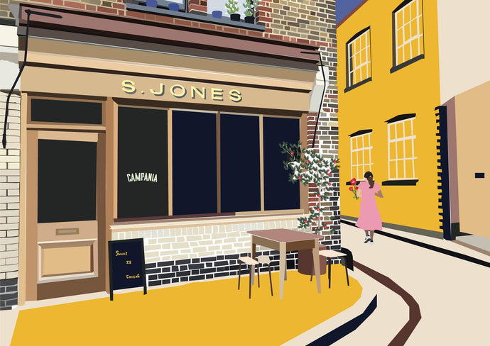 Art print, illustration of London restaurant using a soft colour palette, mainly pinks and yellows. A4 print in matte paper