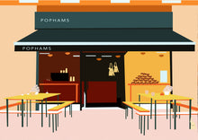 Load image into Gallery viewer, London artisanal bakery, Pophams. Bright bold colourful illustration of one of Londons finest bakeries
